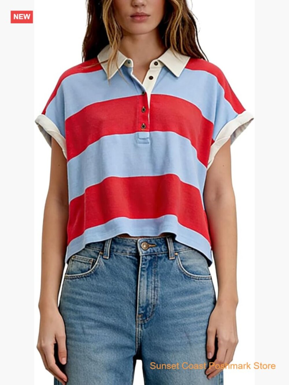 Striped Oversized Y2K Baggy Polo Shirt Short Sleeve Cropped Rugby Top Summer